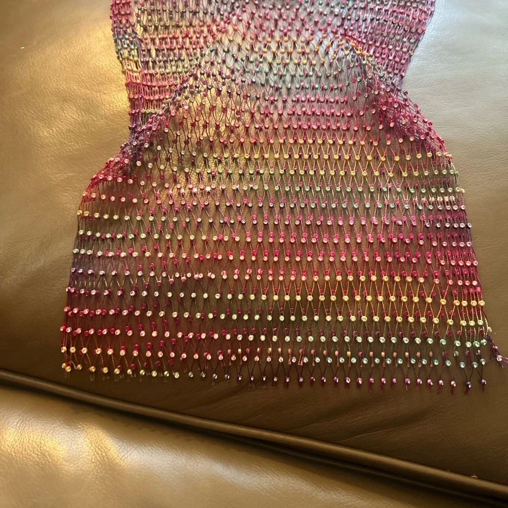 Sexy Shiny Rhinestone Rainbow 🌈Mesh Summer Crop Top Stretchy - Picture 5 of 17